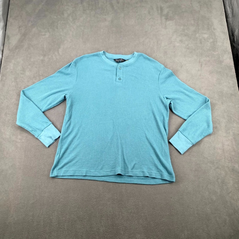 Maui and Sons Waffle-Knit Henley Shirt Mens Medium Blue Solid Cotton Long Sleeve